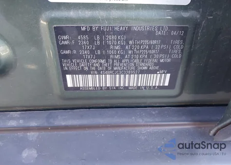 2012 Subaru Outback 2.5I Limited from USA, damaged, VIN 4S4BRCJC3C3289527